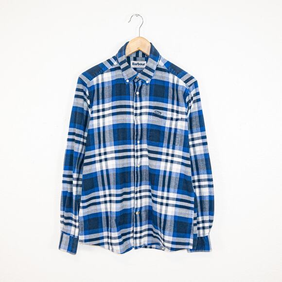 Barbour Men's Small Button Down Flannel Shirt Blue Plaid Tailored fit - Picture 1 of 7